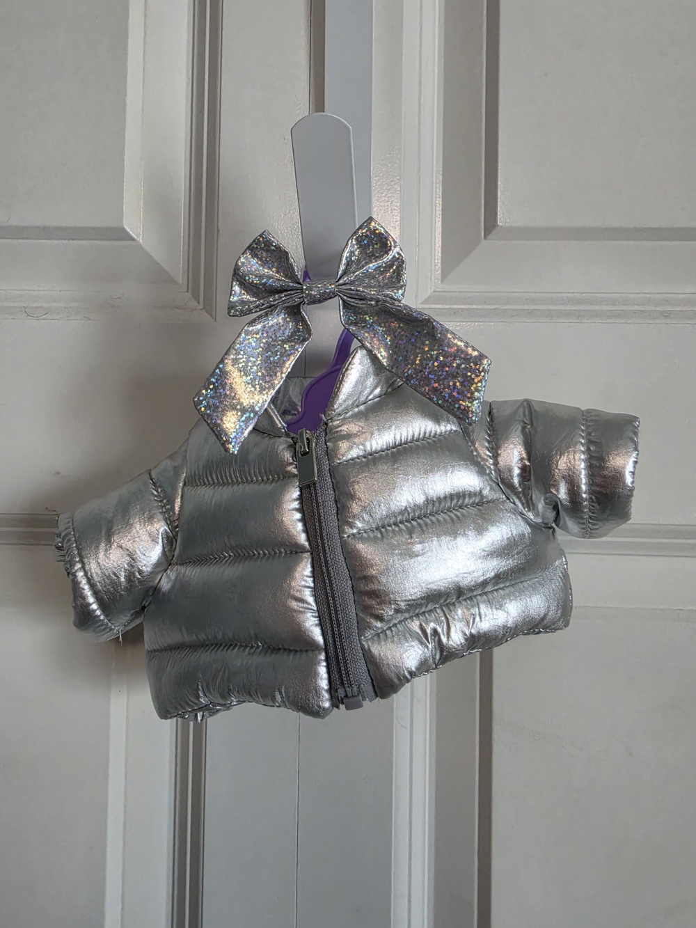 build a bear stuffed animal Metallic Silver Puffer Jacket zipper and match bow